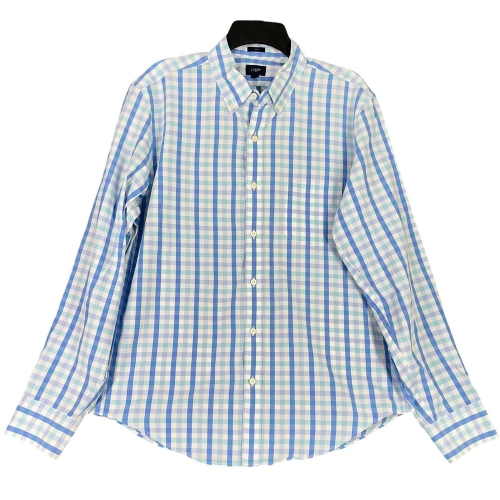 J Crew Shirt Mens Large Blue Gingham Plaid Button Up‎ Slim Fit Preppy Classic